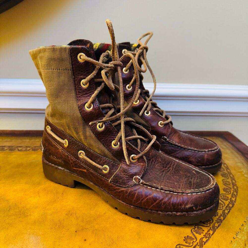 Sperry Womens Avon Chukka Leather Brown Olive Green Canvas Combat Lace Boots 6